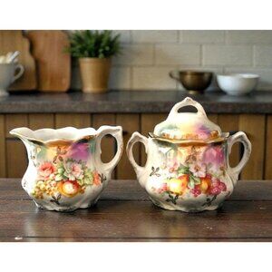 Vintage Leuchtenburg Germany Creamer & Sugar Bowl Set With Floral & Gold Accent